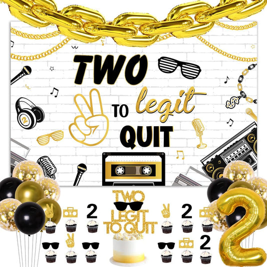 2 Legit to Quit Birthday Party Decorations for Boy/Girl 2 Legit 2 Quit Birthday Backdrop 2 Legit to Quit Cake Cupcake Toppers Gold Chain Number 2 Foil Balloon Hip Hop Theme Birthday Supplies