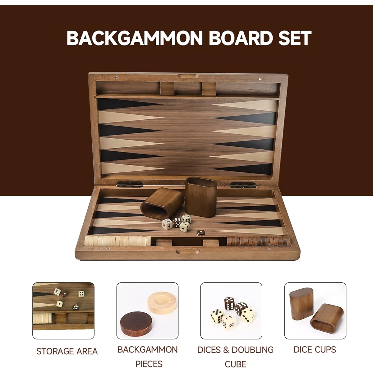 GSE Premium Wooden Foldable Inlay Backgammon Board Game Set Classic Traditional Board Game Portable Travel Board Game for Kids and Adults (Double Stripes - 17 Inch)