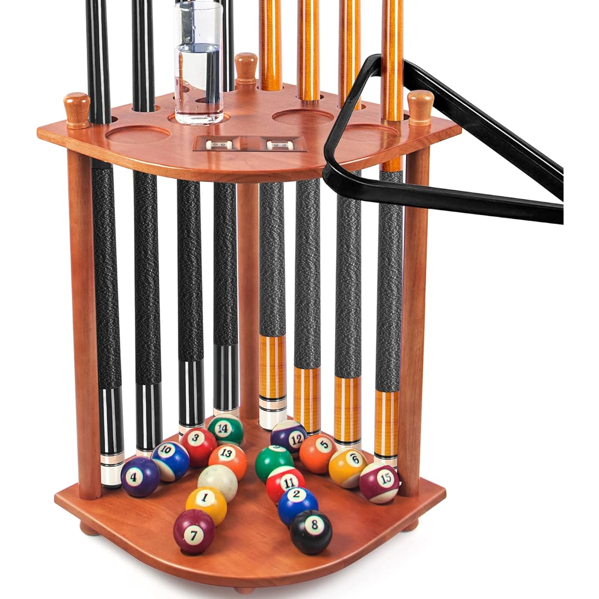 AKLOT Pool Cue Rack, Pool Stick Holder, Billiard Cue Rack with Score Counter, Drink Holder, 8 Sticks and Full Pool Ball Set