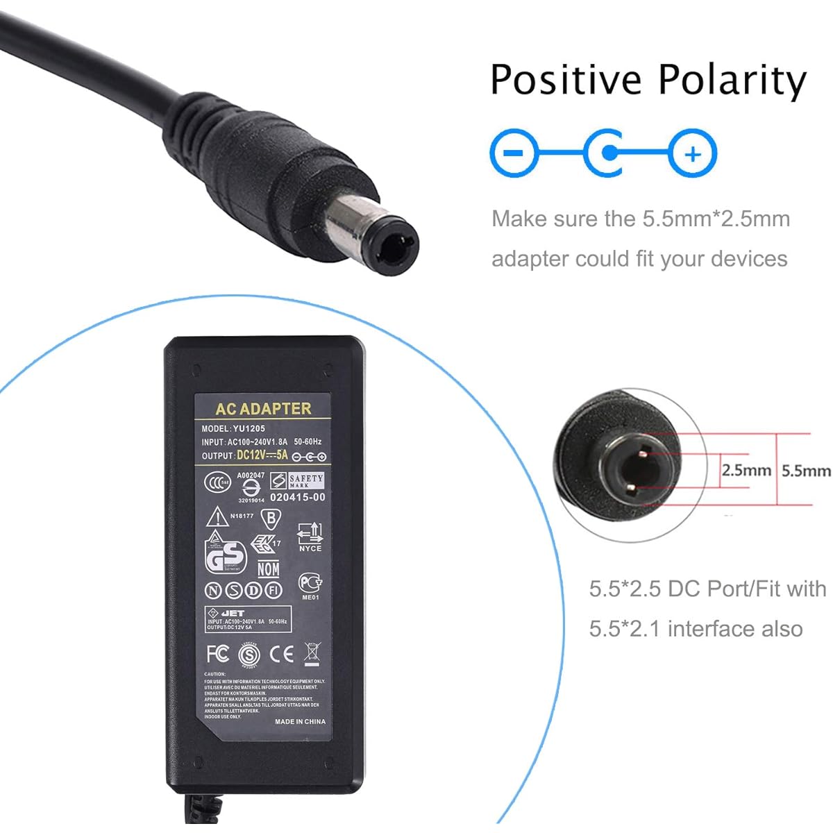COOLM 12V 5A Power Supply AC - DC 12V 5A 60W Power Adapter Charger AC 100V - 240V Transformer 5.5x2.5mm DC Output Jack for 5050 3528 LED Strip Light LED Driver CCTV Security System
