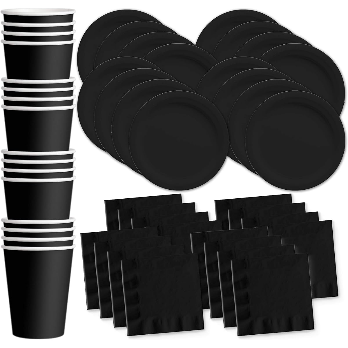 Solid Black Birthday Party Supplies Set Plates Napkins Cups Tableware Kit for 16 Guests