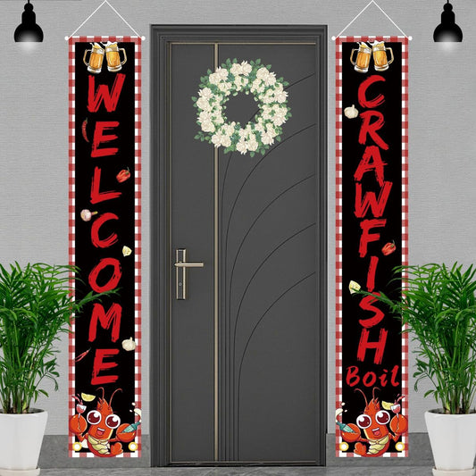 ASOONYUM 2pcs Crawfish Boil Porch Sign Banner Crawfish Boil Party Supplies Decorations Welcome Front Porch Banner for Birthday Party Baby Shower Indoor Outdoor BBQ Decoration Supplies