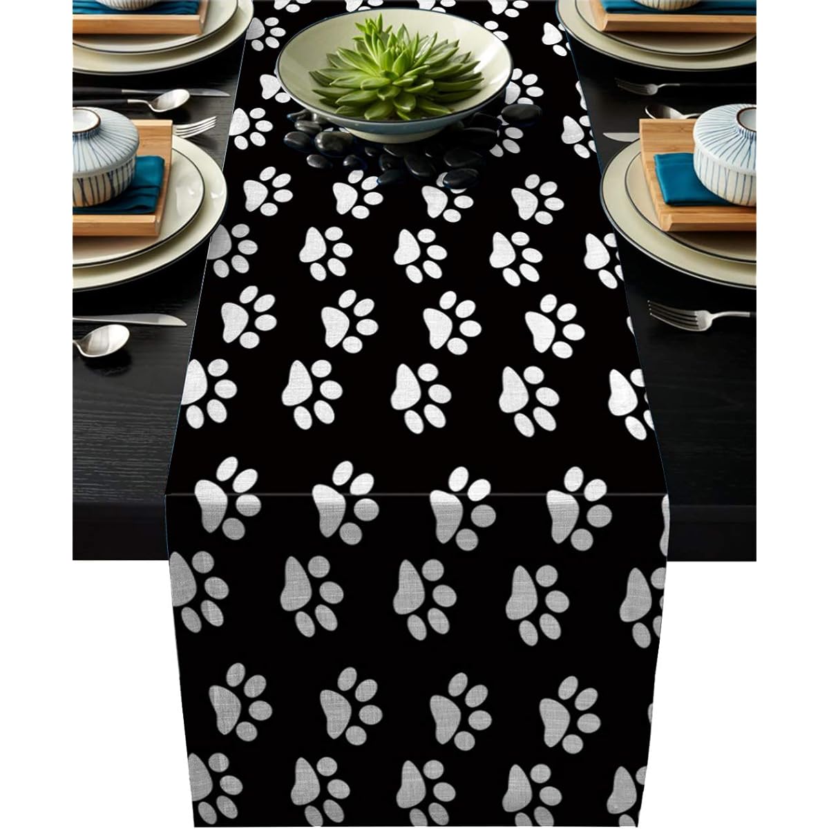 IDOWMAT Linen Burlap Table Runner Dresser Scarf Black and White Dog Paws Kitchen Table Runner for Farmhouse Dinners Holiday Parties Weddings Events Decorations 13 By 70 Inch