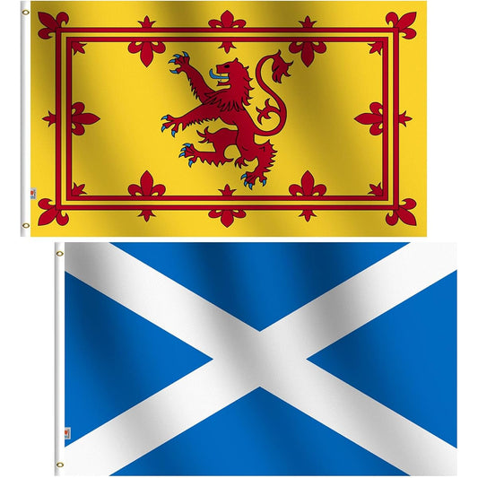 2 Pack Scottish Rampant Lion Flag 3x5ft Moderate Outdoor 100D Polyester Canvas Header and Double Stitched 3ft x 5ft Scottish Royal Standard Union Jack St. Andrews Flag