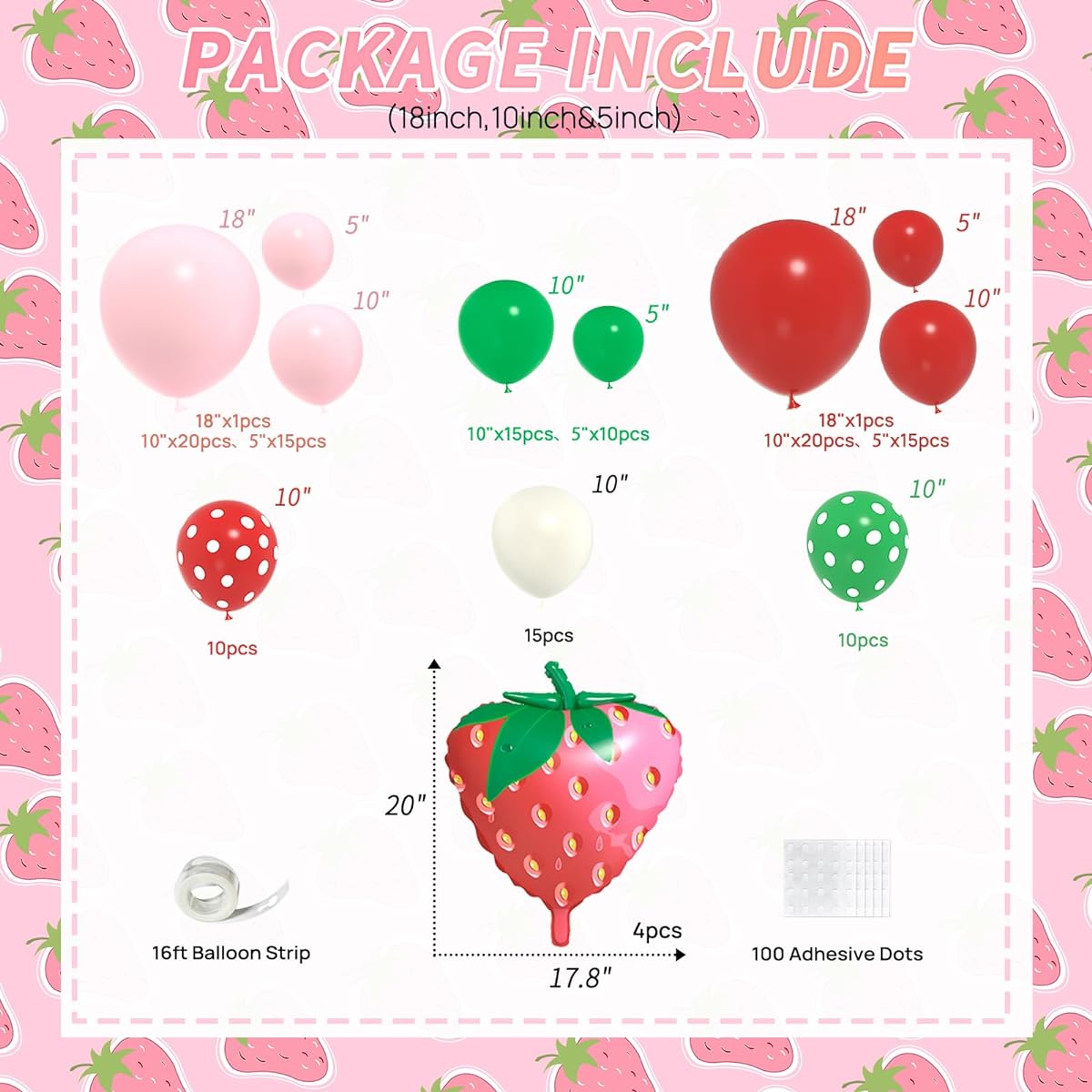 JOGAMS Strawberry Balloon Arch Garland Kit Strawberry Party Decorations Strawberry Polka Dot Balloons First Sweet One Fruit Theme Birthday Baby Shower Party Decorations