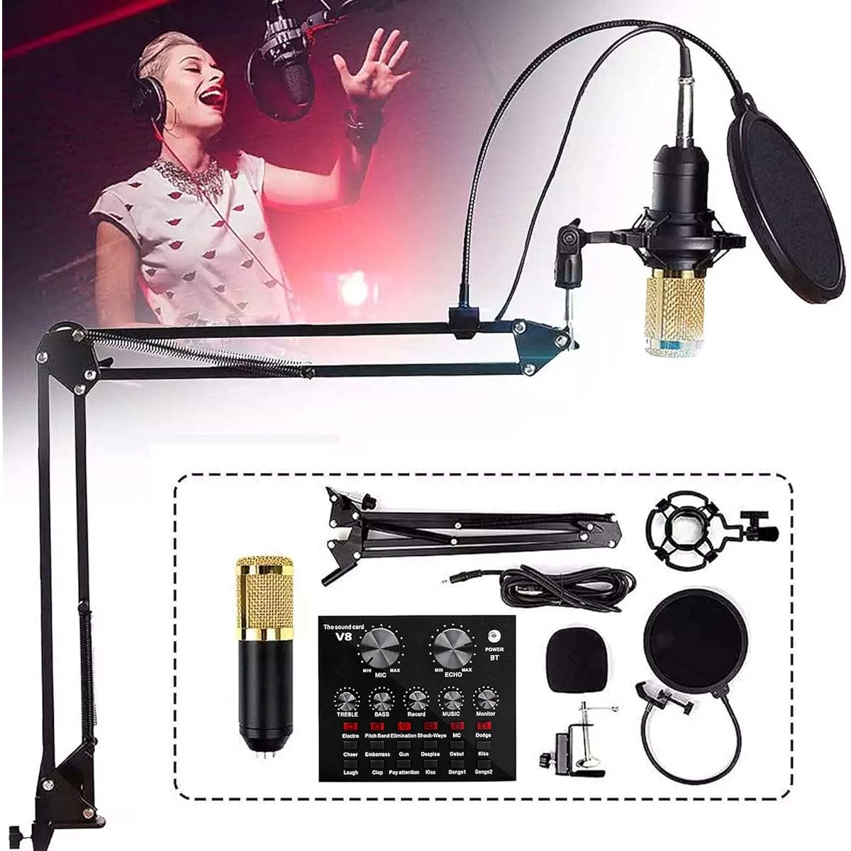 Sound Card Audio Set with Microphone, Live Sound Card Bundle, Adjustable Mic Suspension Scissor Arm for Live Streaming, Gaming, Recording Game, Recording Vocal Mic