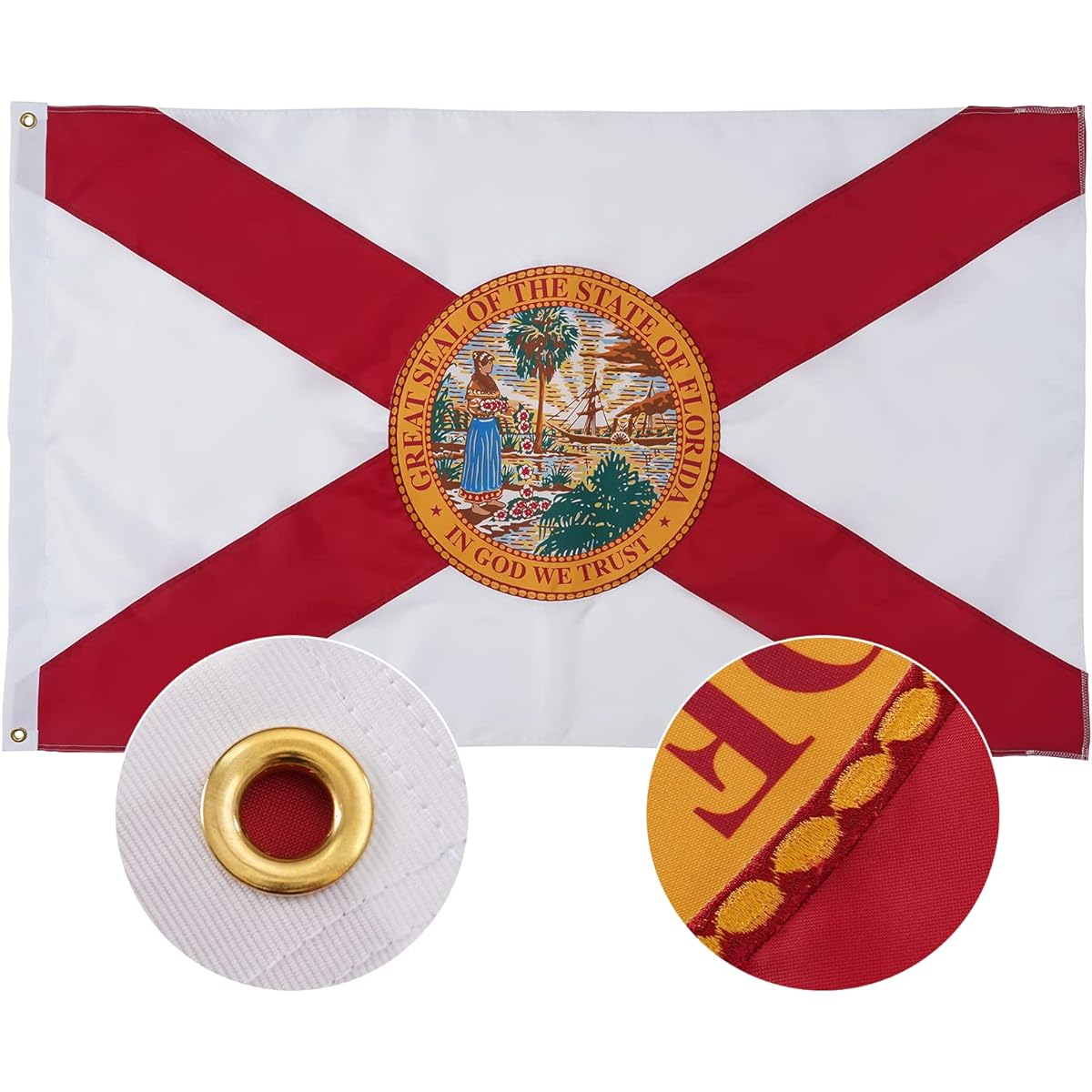 SYII Florida State Flag 5x8ft Made in USA Embroidered Florida State FL Sunshine Flag with 2 Brass Grommets Heavy Duty Polyester Outdoor Banner