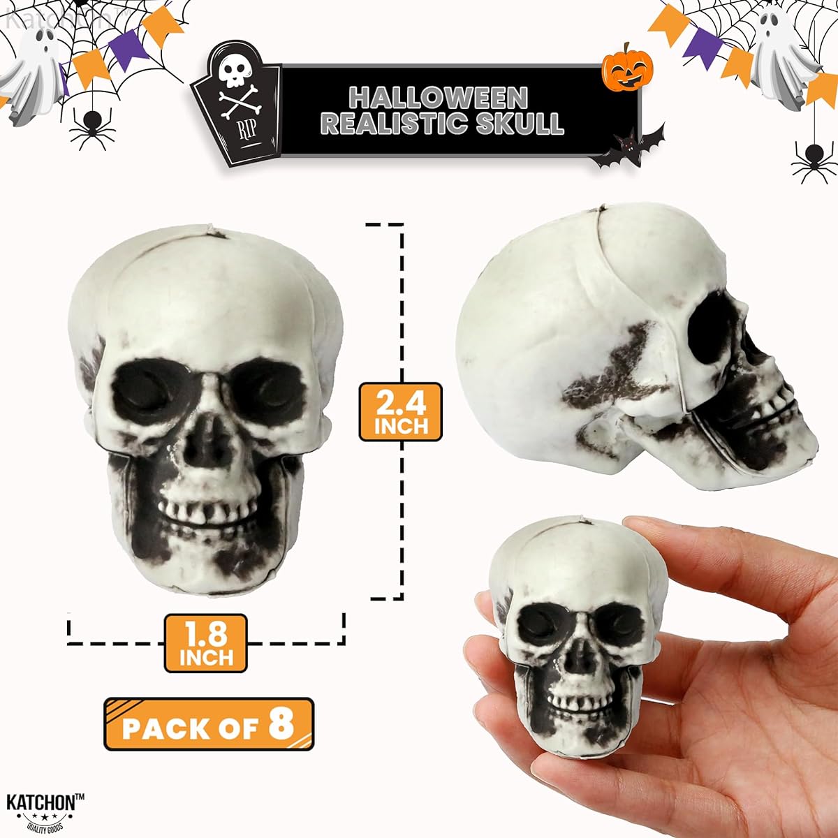 KatchOn 8 Pack Halloween Mini Skeleton Heads, Small Skulls for Halloween, Human Skulls for Tables, Small Skulls for Crafts, Small Skulls for Halloween Table Centerpieces