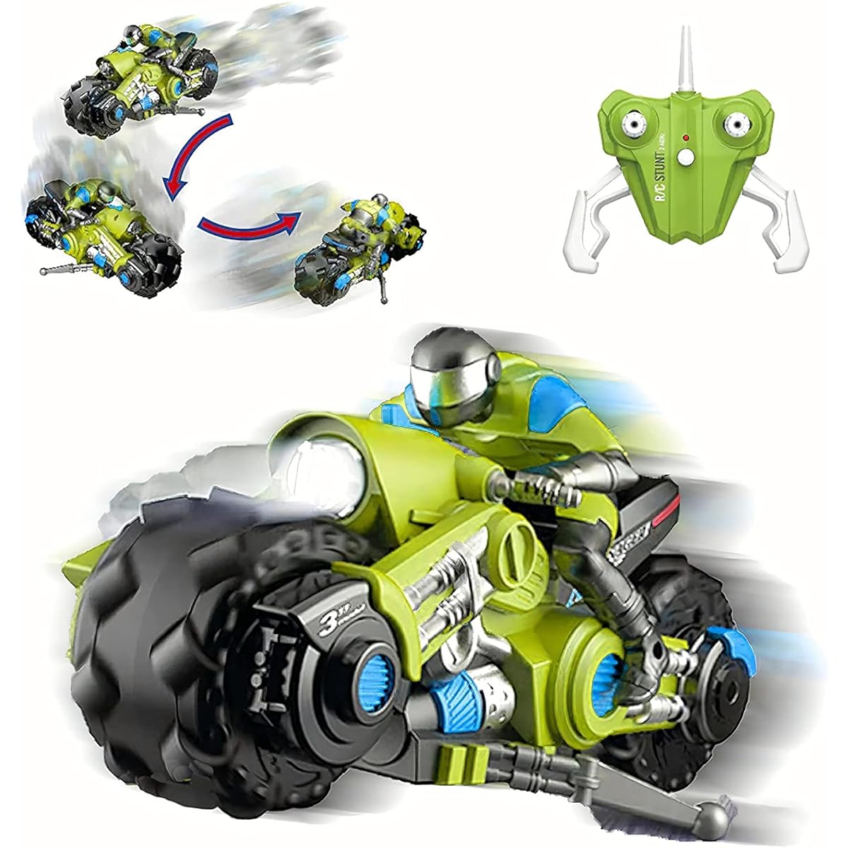 Unique KIDS Remote Control Bike - 360° Rotating Action High Speed Racing Bike with LED Light for Boys and Girls - Green