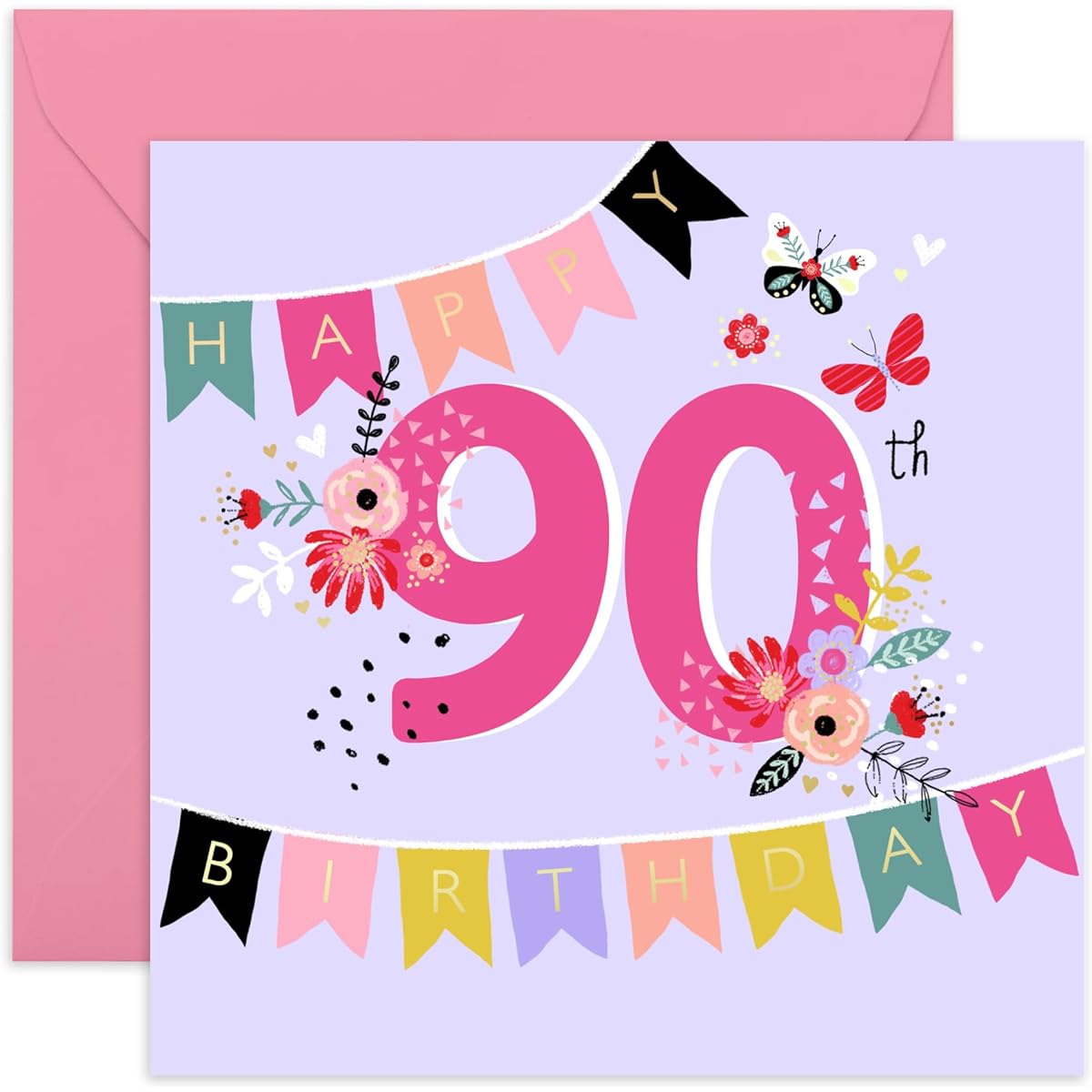 Central 23 - Cute 90th Birthday Cards for Women - 'Happy 90th Birthday' - Sweet Birthday Cards for Her - Comes with Cute Stickers