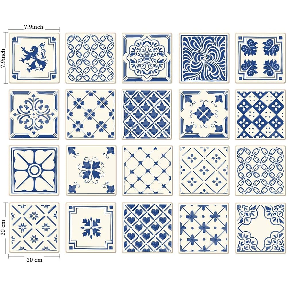 Poromoro Portuguese Spanish Azulejo Tile Stickers Peel and Stick Kitchen & Bathroom Mosaic Tile Stickers Set of 20 (7.9x7.9, D) [Parallel Import]