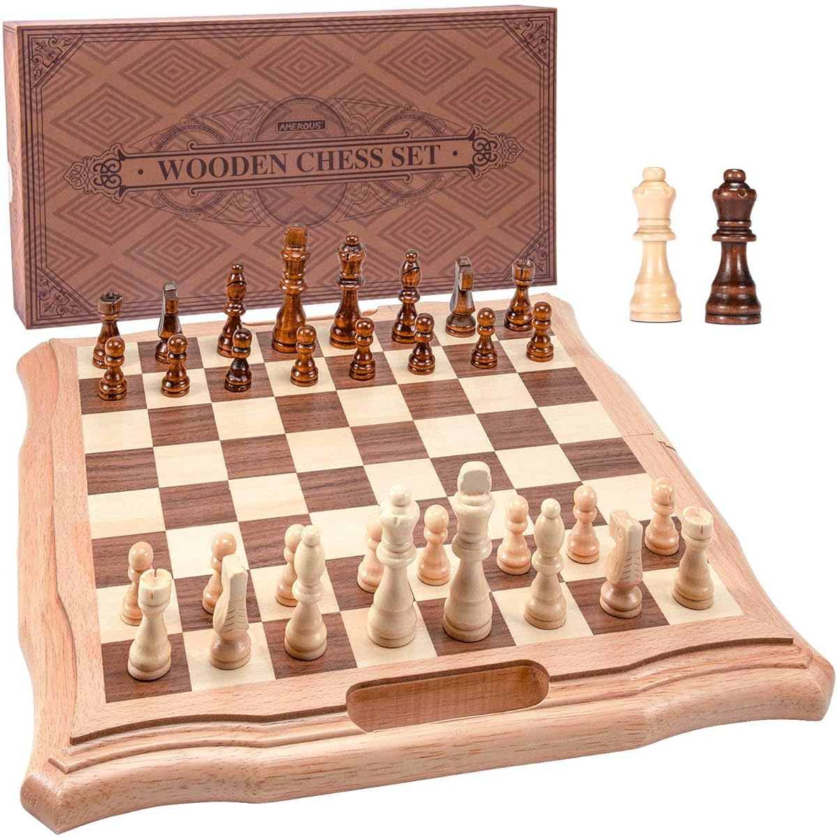 AMEROUS 15.6" Magnetic Wooden Chess Set, Handheld Style Chess Board Game Set with Game Piece Storage Slots - 2 Queens Included - Gift Packaged for Beginners, Kids and Adults