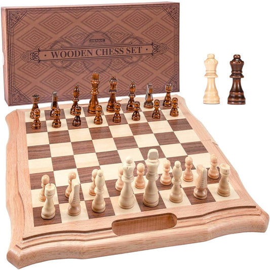 AMEROUS 15.6" Magnetic Wooden Chess Set, Handheld Style Chess Board Game Set with Game Piece Storage Slots - 2 Queens Included - Gift Packaged for Beginners, Kids and Adults