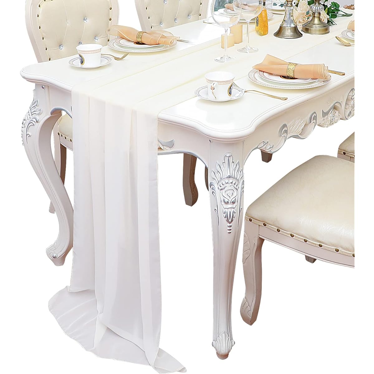 SweetEasy Chiffon Table Runner 10ft Sheer Wedding Table Runner 27x120inch Romantic Tulle Table Runner for Wedding Decorations Birthday Party Bridal Baby Shower Table Decor 2 Pack (Creamy, 2)