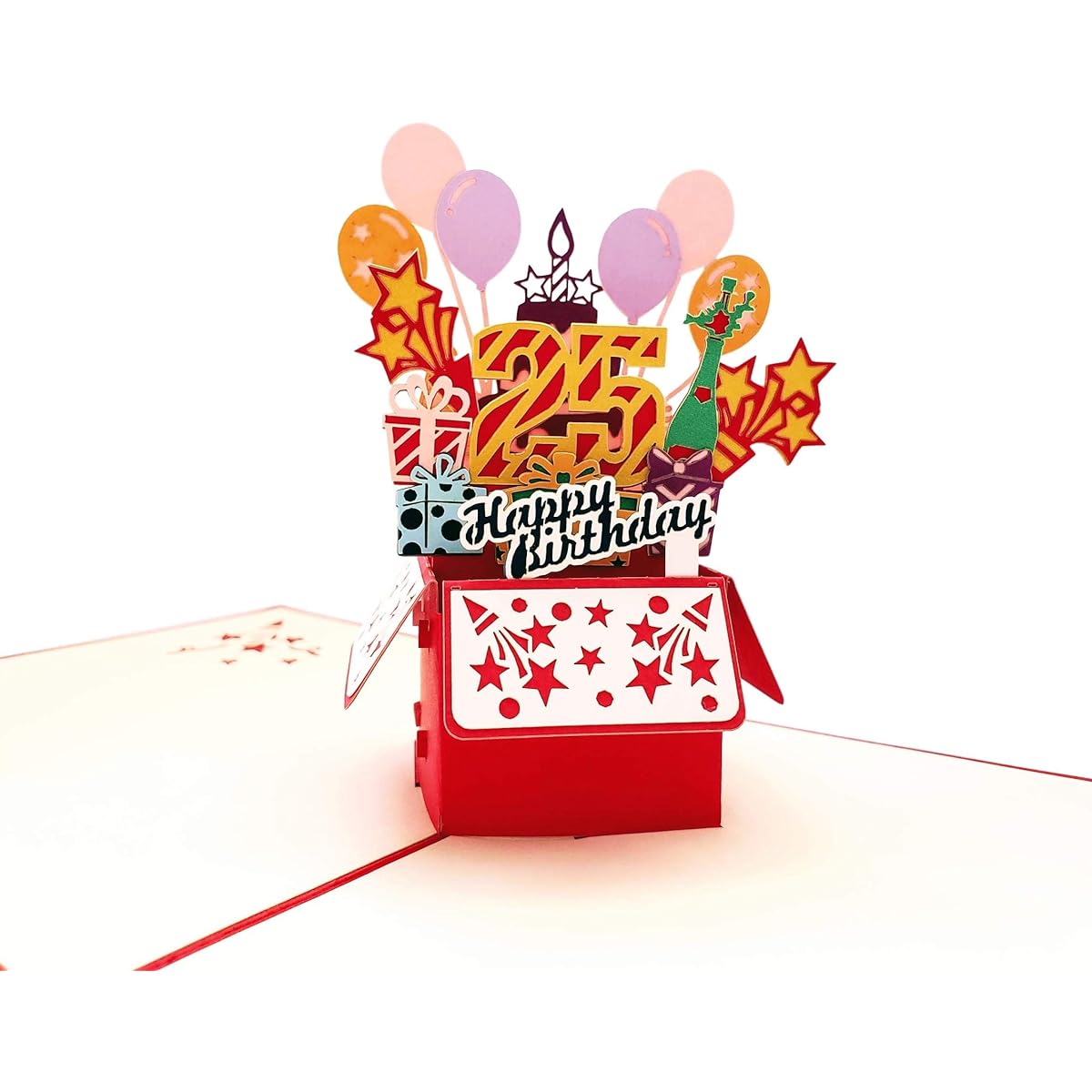 iGifts And Cards Happy 25th Birthday Red Party Box 3D Pop Up Greeting Card - Amazing Balloon Unique Celebration Feliz Cumulenos Cute Present