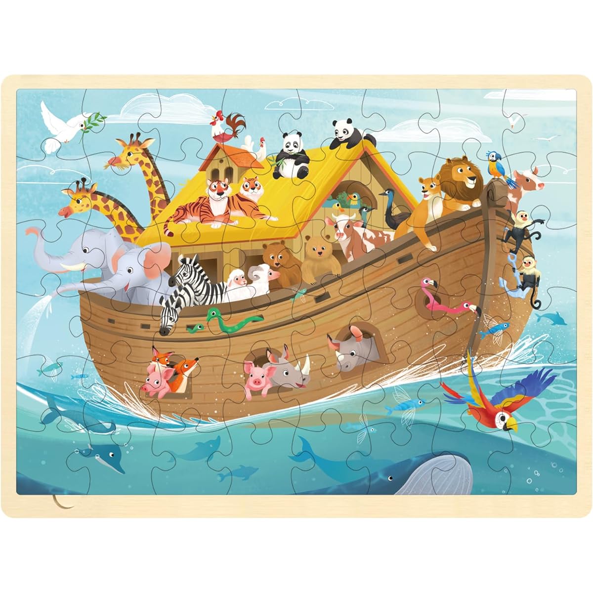 MoinKidz Wooden Noah's Ark Puzzle for Kids Ages 3-5 48 Piece Puzzle for Kids Ages 4-8 with Puzzle Tray Religious Scene Christian Bible Wooden Jigsaw Puzzle for 3 4 5 6 7 8 Years Old