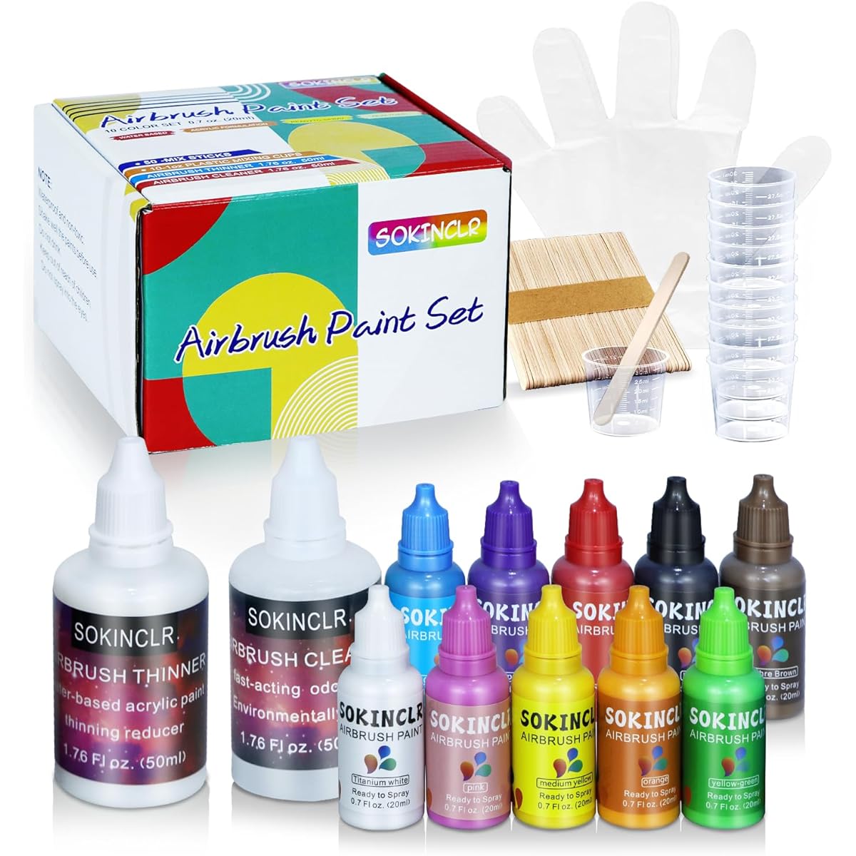 Airbrush Paint - Perfect for Artists and Beginners - Complete Water-Based Airbrush Paint Set with Thinner, Cleaner, Mixing Cup, Mixing Stick and Gloves