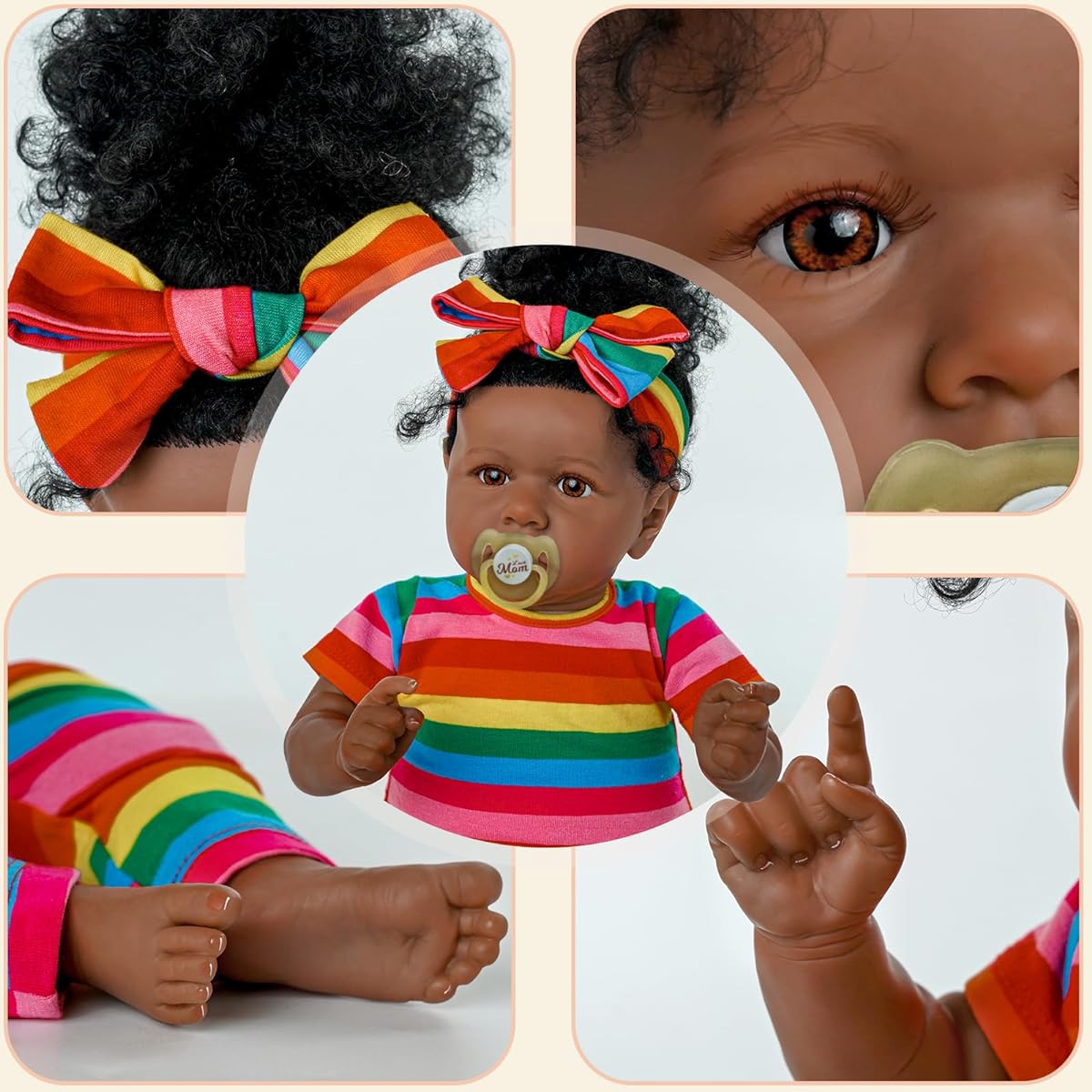 ADFO Lifelike Reborn Baby Doll Black - 22" Soft Body & Curls Realistic Newborn Baby Doll African American Real Life Baby Doll Cloth Body with Feeding Kit & Toy Accessories for Ages 3+