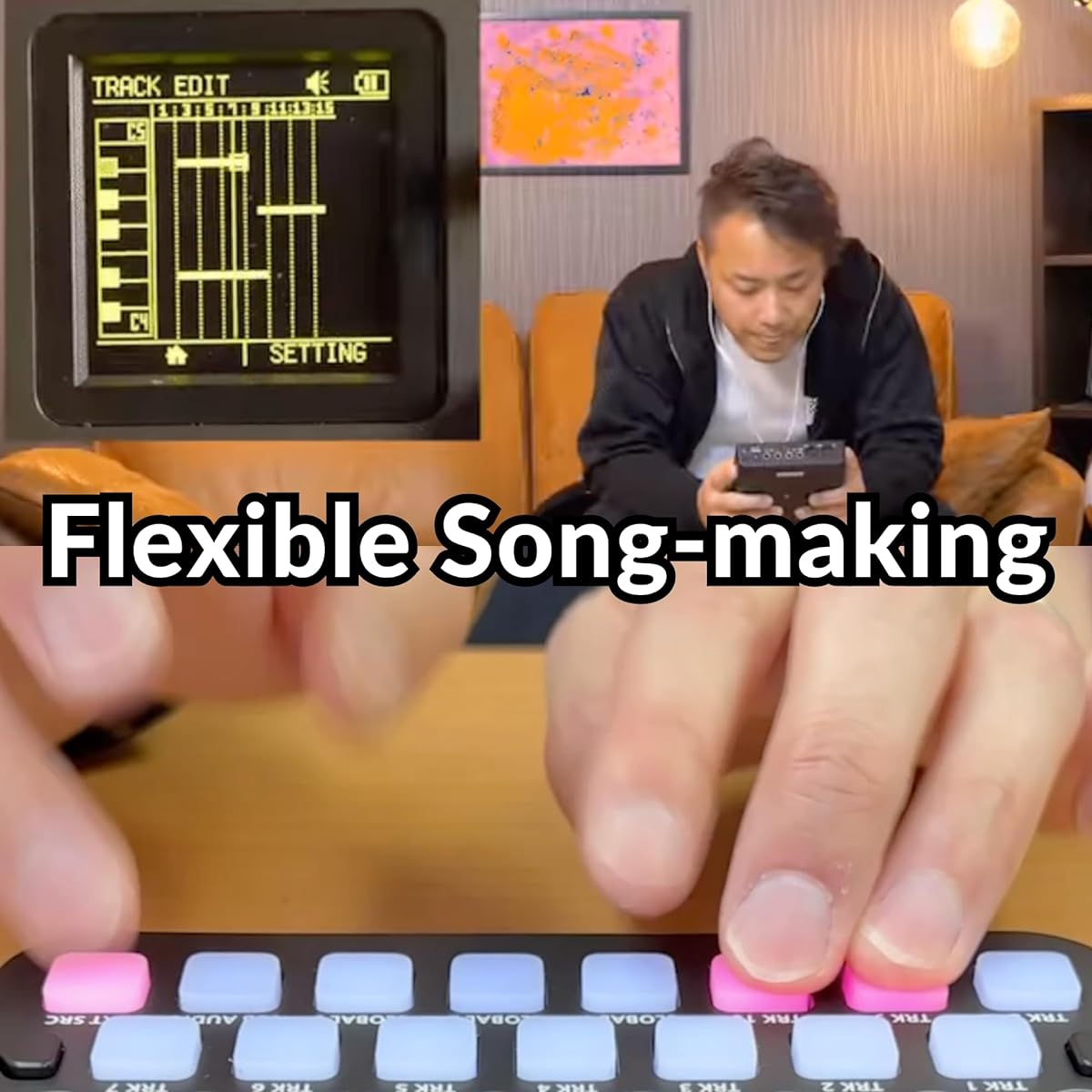 SONICWARE SmplTrek [Portable Production Sampler] 15 touch-sensitive full-color LED pads, built-in microphone and built-in speaker, battery powered, USB audio interface