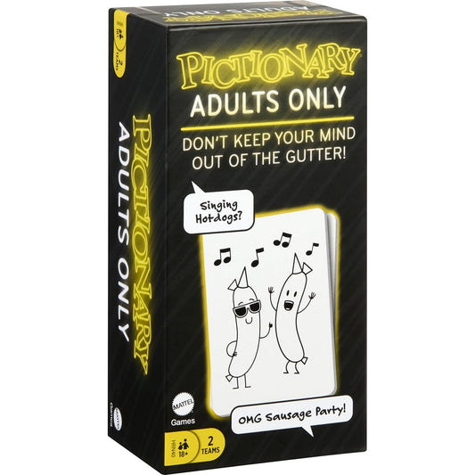 Mattel Games Pictionary Party Game for Adults and Game Night Drawing Game with Silly Sketch and NSFW Clue Cards, Board, Markers, and Sand Timer