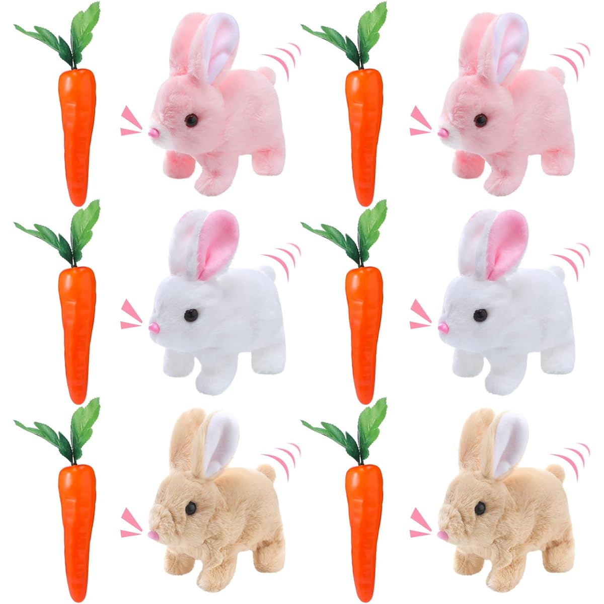 Lenwen Set of 6 Interactive Rabbit Toys Electronic Stuffed Animals with Carrot Bunny Hopping Sound and Movement Ears Shaking for Boys and Girls Birthday