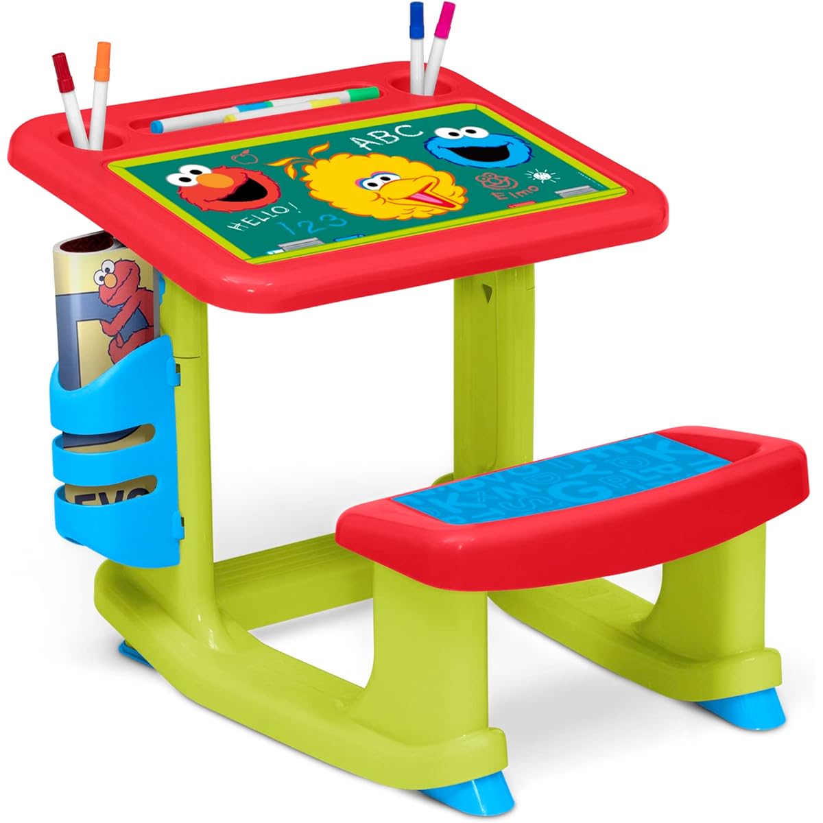 Delta Children Sesame Street Draw & Play Desk - Includes 10 Markers and Coloring Book, Red/Blue/Green