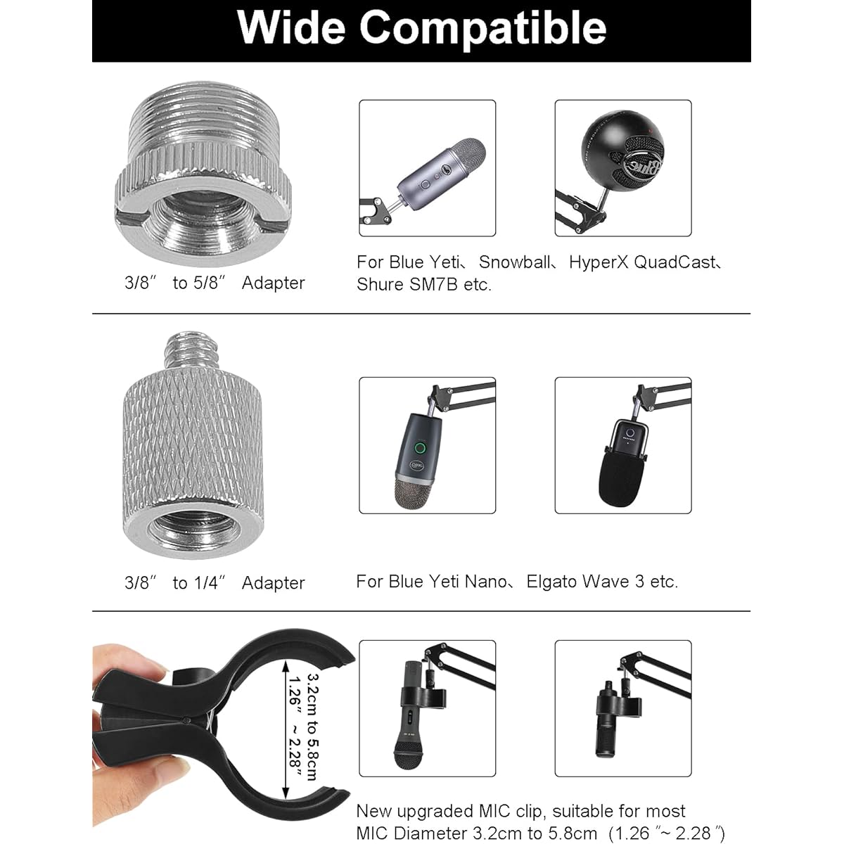 Microphone Stand for Blue Yeti, Yeti Nano, Snowball and Other Microphones, Computer Stand with Adjustable Suspension Arm with 3/8" to 5/8" Screw, 1/4" Pop Filter, Clip Mount microphone, cable ties