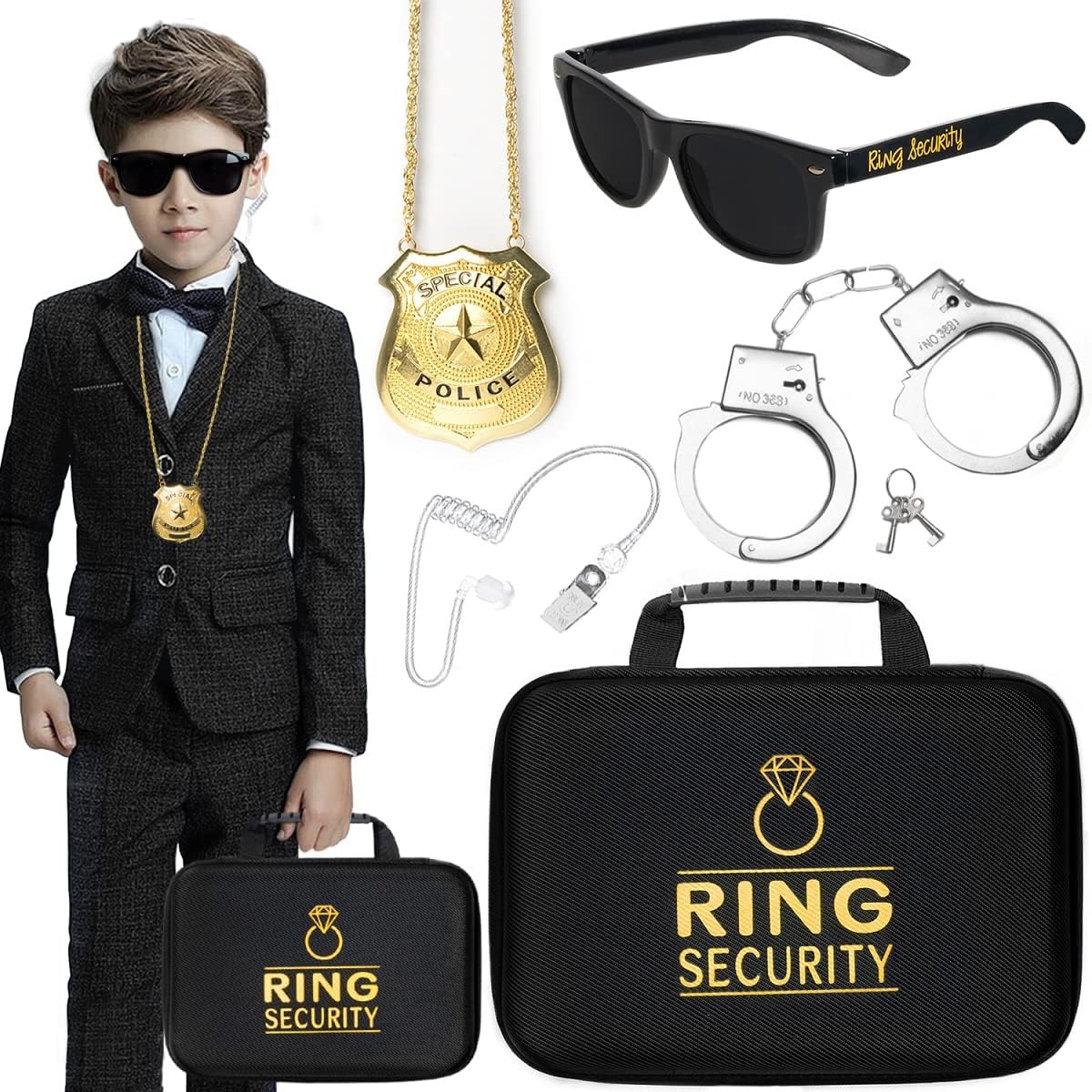 Ring Security Wedding Ring Bearer Gifts - Security Box, Ring Bearer Sunglasses, Kids Toy Badge, Security Earpiece Earplugs & Toy Handcuffs, Ring Bearer Proposal Gift Set with Heavy Duty Security Briefcase