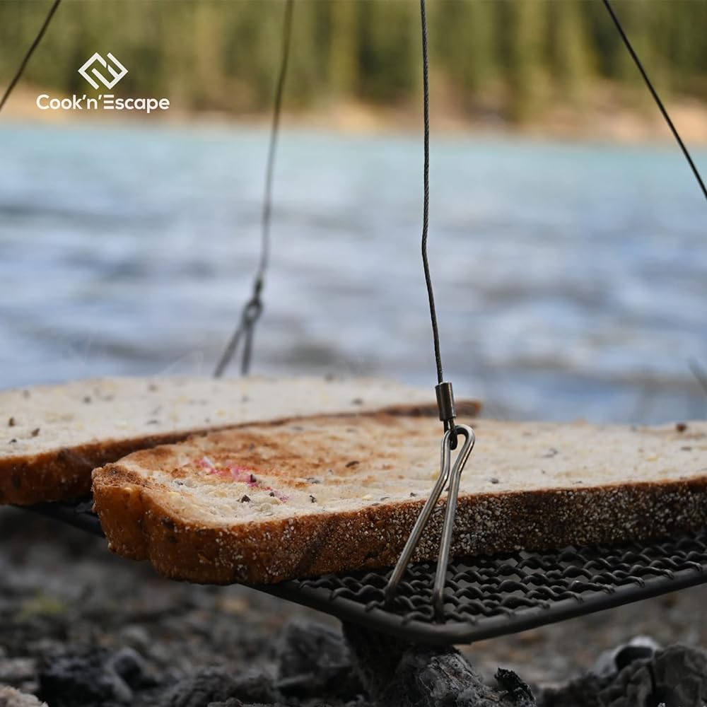 COOK'N'ESCAPE Titanium Grill Barbecue Net [Hanging Rope & S Hook Included] Rostre Camping BBQ Lightweight, Sturdy, Mini Size, Easy to Carry, Includes Storage Bag [Eligible invoices will be issued]