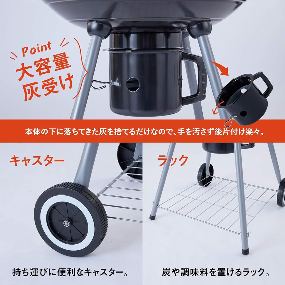 MRG [Thermometer with Lid] Improved Barbecue Stove, Round, Large, For 4-6 People, Steaming, Smoking, 4-point Support, Japanese Instruction Manual Included, BBQ Grill Stove, Smoke with Lid (Black)
