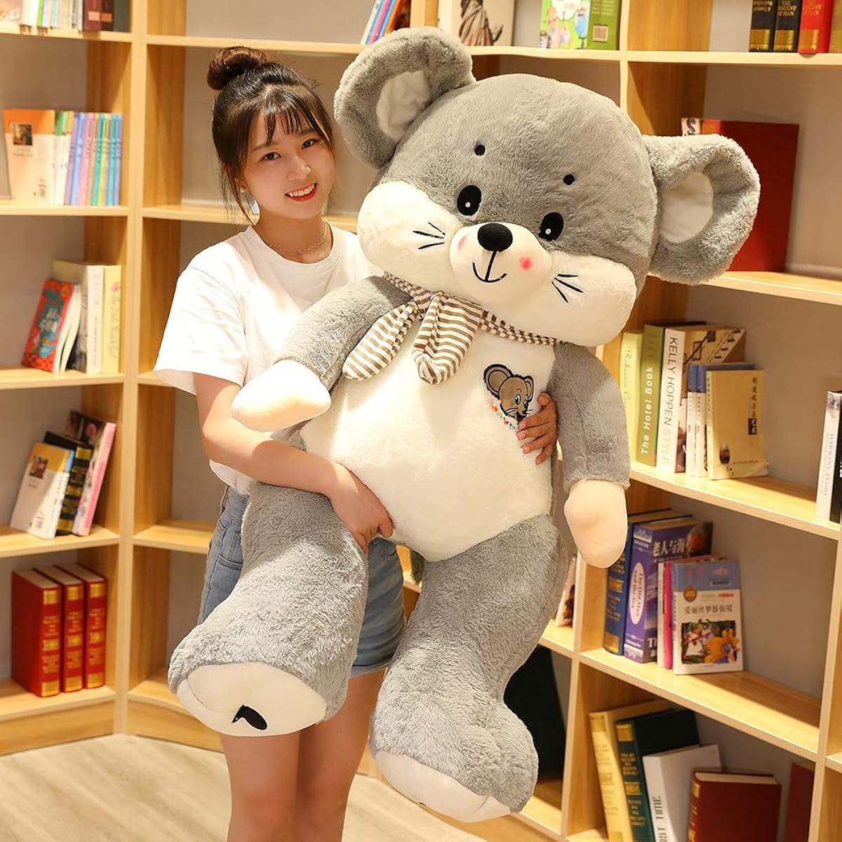HYAKURI Plush Toy Extra Large Bear Mouse Teddy Bear Christmas Extra Large Animal Stuffed Animal Body Pillow Character Mouse Birthday Present Interior Bear Stitch Wrapped Figurine Store Decoration (No Gray Clothes, 165cm)