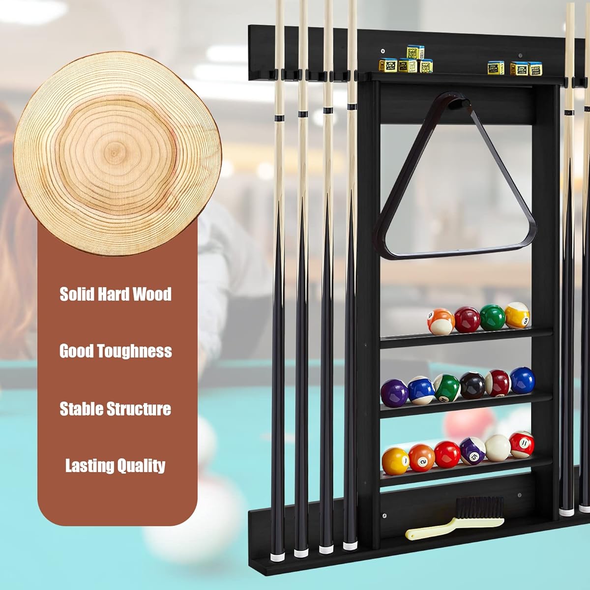 GYMAX Pool Cue Rack, 8 Cues Wall Mounted Pool Stick Holder, 15 Billiard Ball Holders, 1 Triangle Rack, Pine Wood Billiard Rack, Dedicated for Billiard Room or Club (Black)