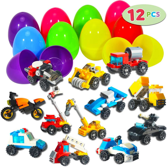 12pcs Prefilled Easter Eggs with Car Building Blocks Mini Construction Vehicle Building Blocks Easter Egg Hunt Easter Basket Stuffers Easter Party Favors Classroom Prize Gifts