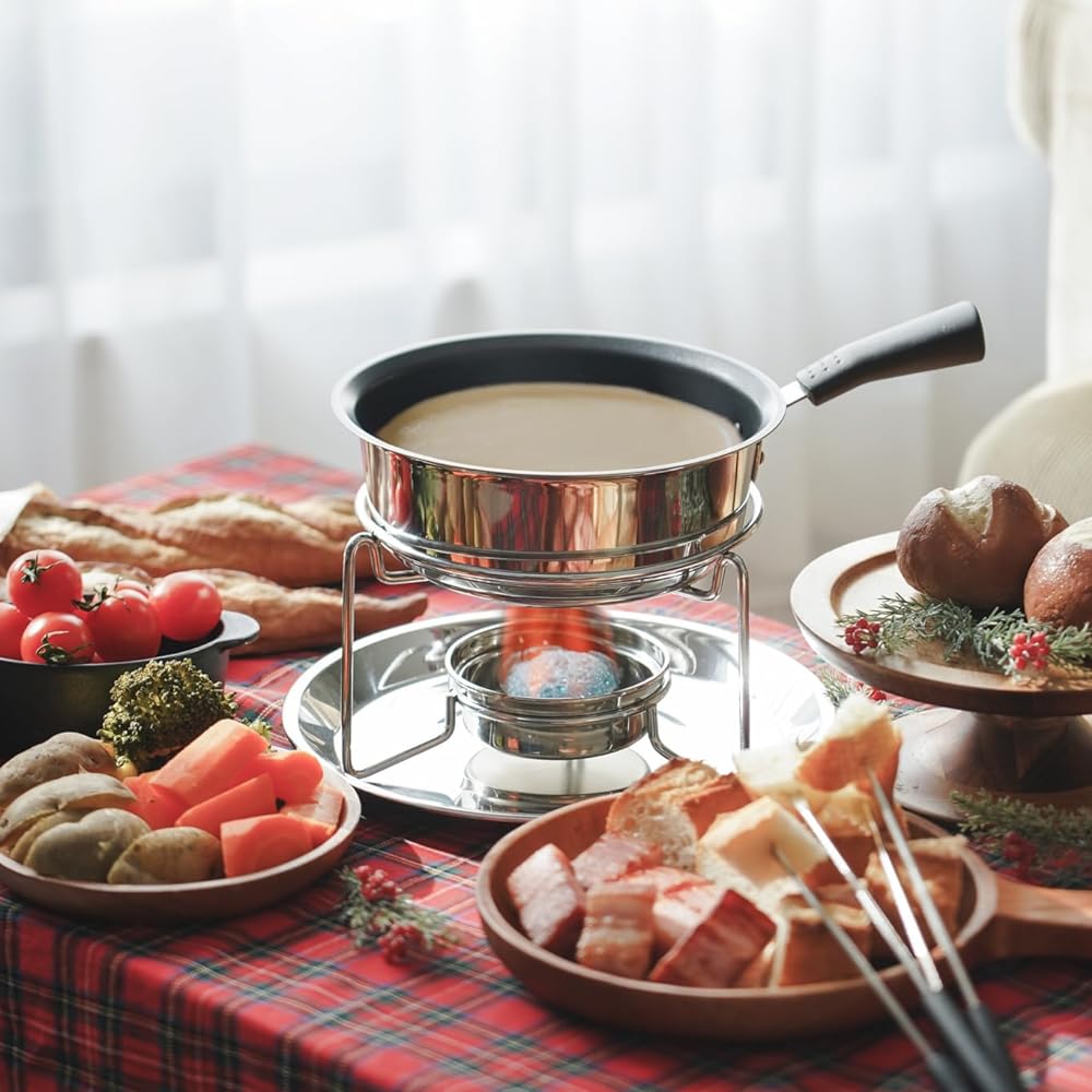 Pearl Metal Cheese Fondue Pot Set 3 Layer Bottom Fluorine Processed Inside Bene HB-3418 Silver 1.2L