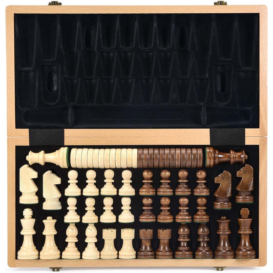 AMEROUS 15" Wooden Chess & Checkers Set with Improved Weighted Chess Pieces - 2 Extra Queens - 24 Checkers - Folding Board - Instructions - Chessman Storage Slot Classic 2-in-1 Board Game
