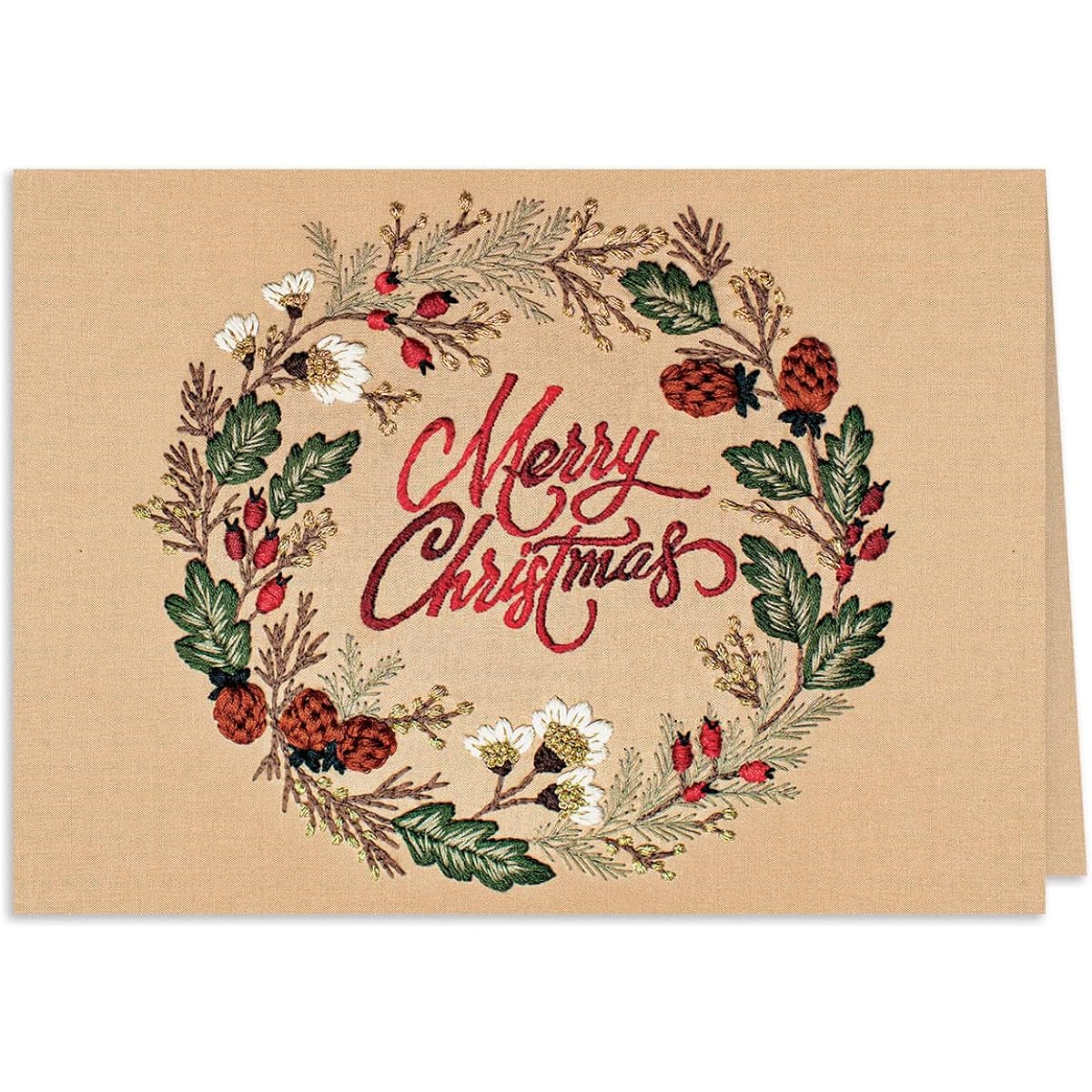 Personalized Embroidered Christmas Wreath Cards - Set of 20 - Customizable Card and Envelope Fronts
