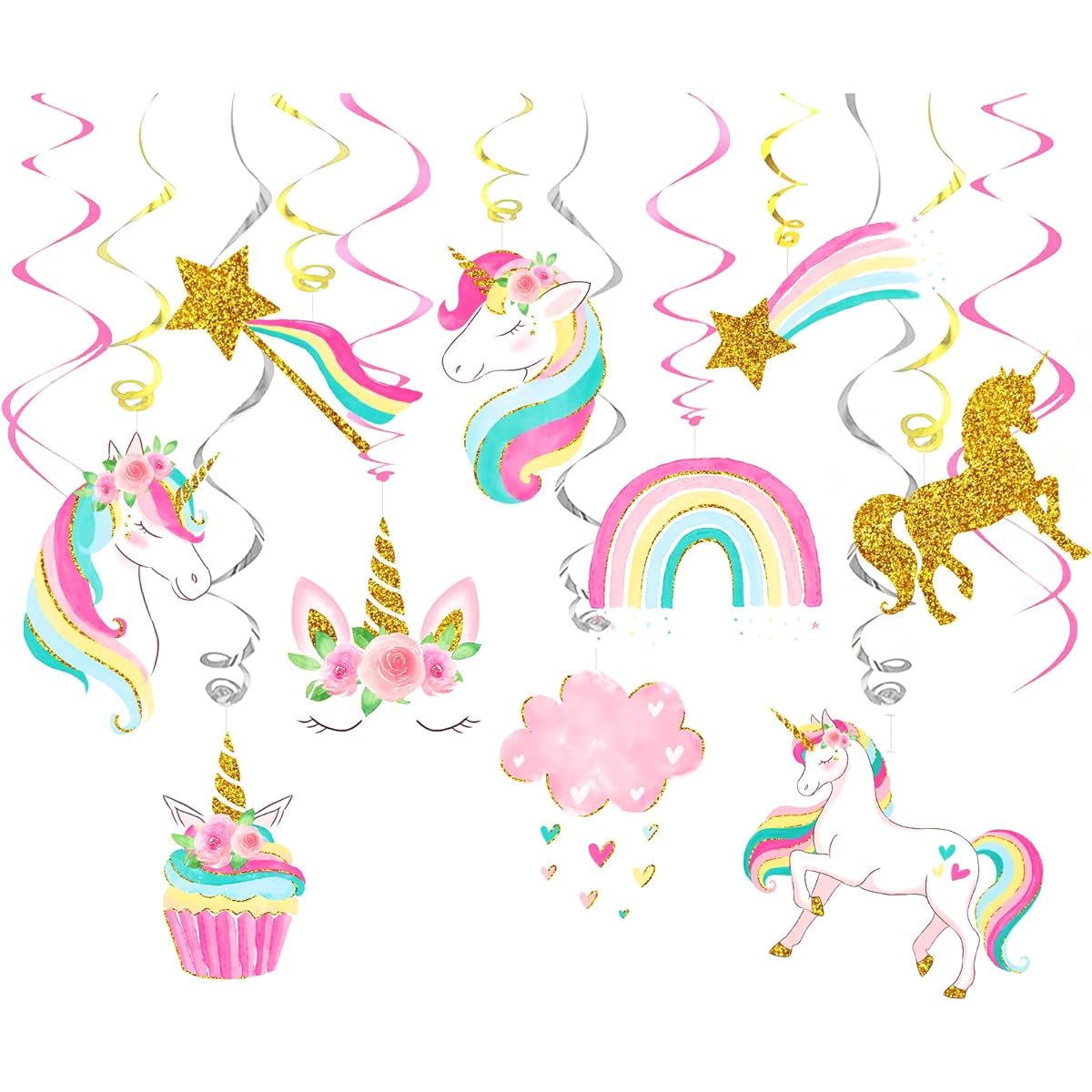 NICEOHOME Unicorn Party Decorations, 30pcs Unicorn Hanging Swirls with Glitter Cardboard, Unicorn Birthday Decorations for Girls