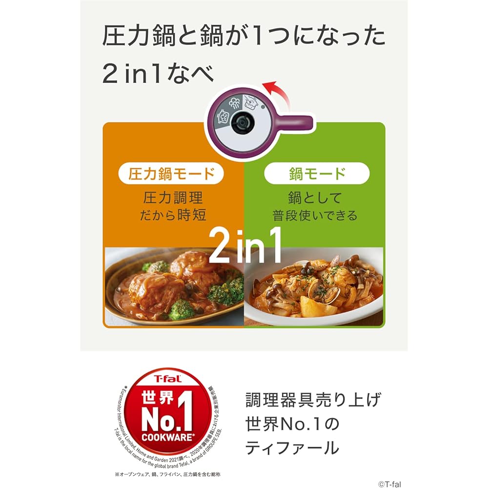 [Online Only] Tefal Pressure Cooker 5.2L For 3~5 People IH Gas Fire Compatible Easy Open/Close 2in1 Pot "Crypso Minit Duo Plum" Fluorine Resin Coating P4705134