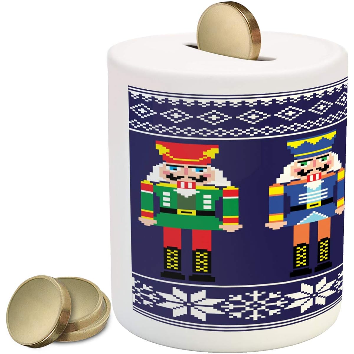 Lunarable Nutcracker Money Box - Colorful Retro Style Pattern with Christmas and Nordic Motifs, Ceramic Piggy Bank for Cash Savings, 3.6" x 3.2", Indigo White