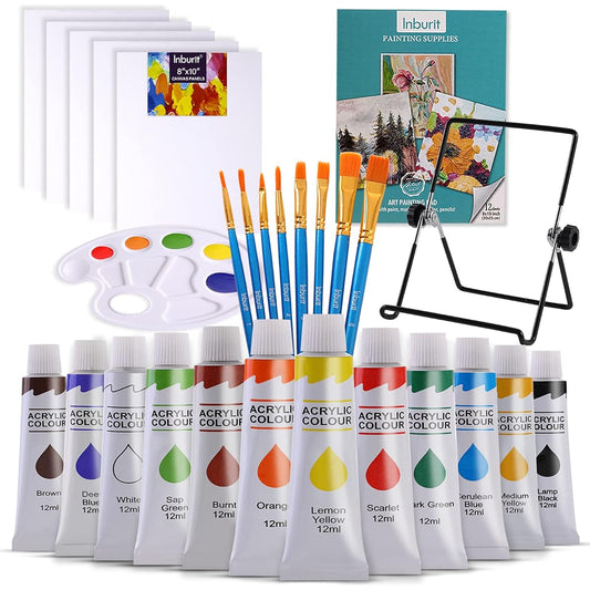 Inburit Art Paint Set for Kids, Painting Supplies Kit with 5 Canvas Panels, 8 Brushes, 12 Acrylic Paints, Table Easel and More, Premium Paint Set for Students, Kids and Beginners