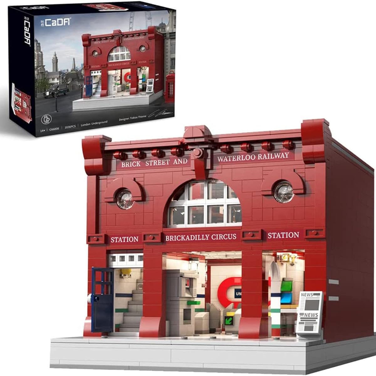 CaDA C66008W Architecture London Underground Station Building Set, Buildable Model Kit for Adults, Kids, Building Blocks Kit with MOC Street View Lighting Kit (2480 Pieces)