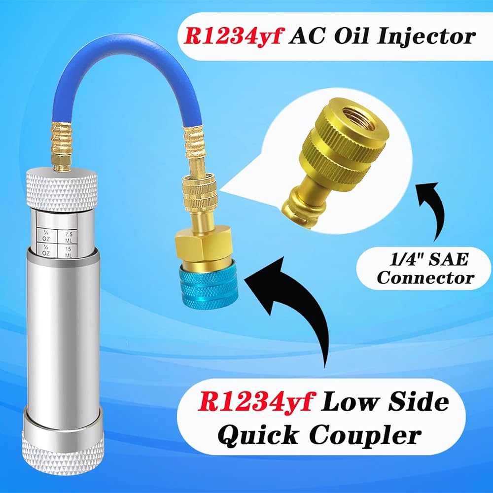 R1234YF/R134A AC Oil Injector Kit -HVAC Dye Oil Injector Kit R1234YF&R134A AC Oil Injector with Low Side Quick Coupler with 1/4" SAE Connector for R1234YF R134A System (Silver for r1234yf / r134a)