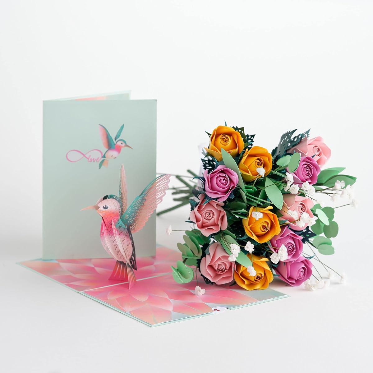 Lovepop Handmade Paper Flowers: Pink and Yellow Roses (12 Stems) with Cute Hummingbird Pop Up Card - Unique 3D Floral Bouquet with Greeting Card