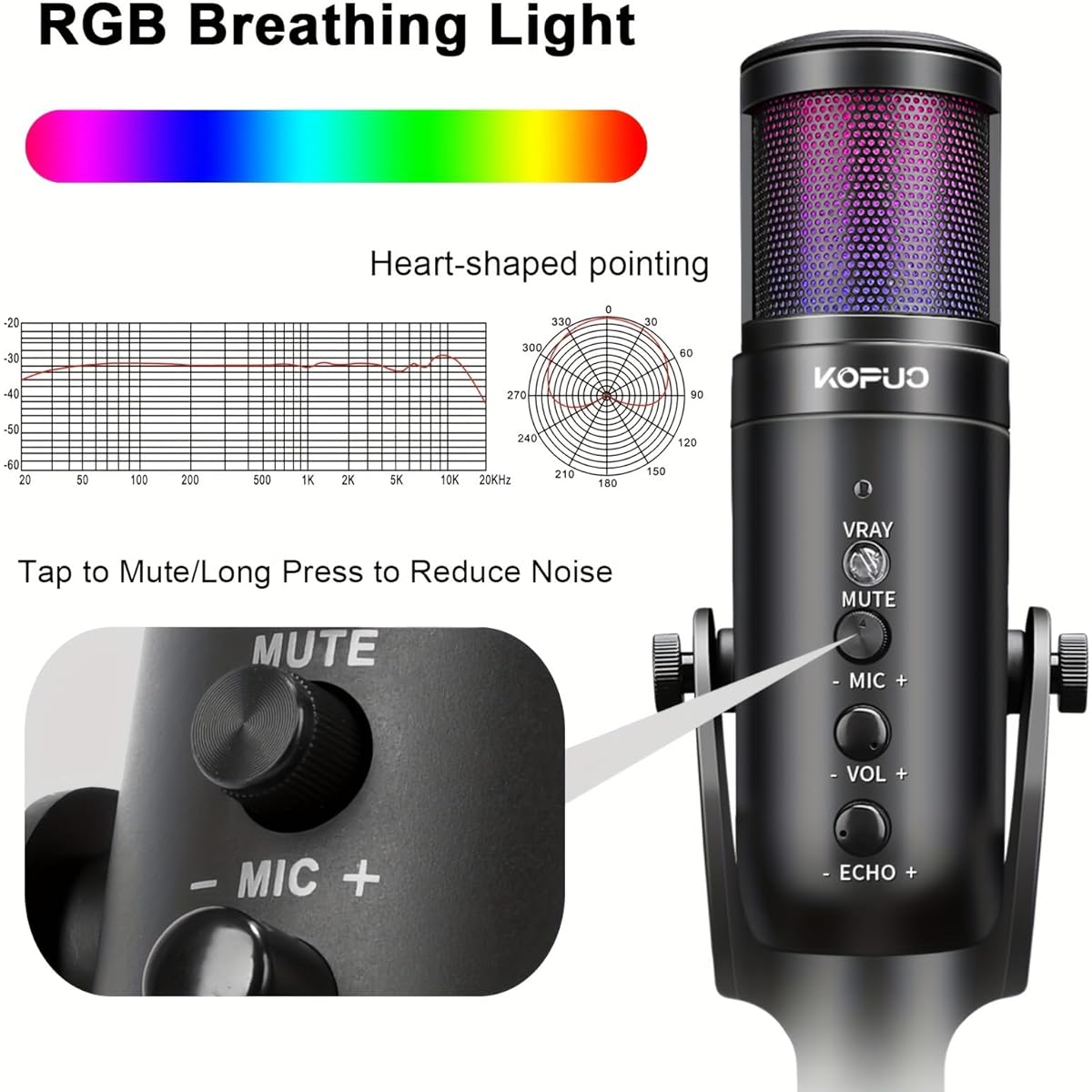 KOPUO Built-in Mute PC Dynamic Cardioid Microphone Condenser Metal Microphone with Headphone Jack Audio Blocking Technology Compatible with YouTube/Streaming/Recording/Twitch