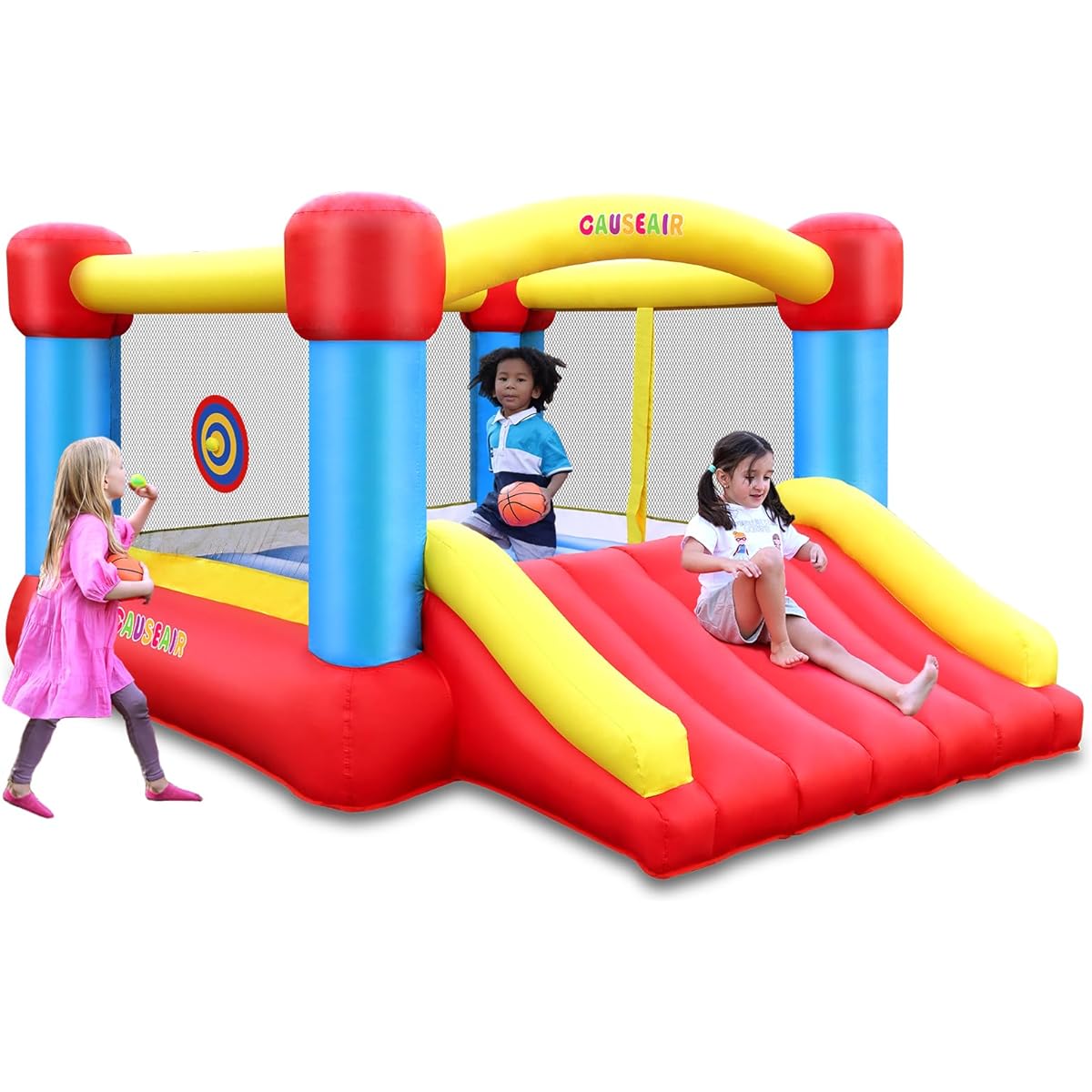 Causeair Inflatable Bounce House with GFCI Blower, 12'L x 9'W, Basketball Hoop, Dart Ball Game, Durable PVC Coated Bounce Area, Jumping Bouncy Castle, Slide