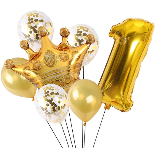 1st Birthday Balloons, 7 Piece Crown Foil Balloons Set, 1 Gold Balloon, 1st Birthday Decorations, Gold Number 1 Mylar Balloon for Boys and Girls