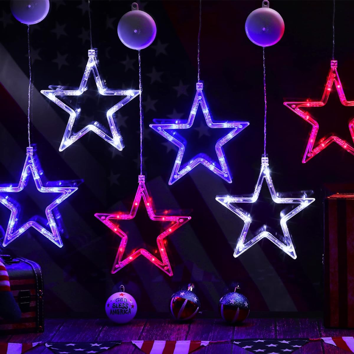 Woanger 4th of July Decorative Lights, 12pcs 7" Hanging Patriotic Star Window Lights Battery Operated LED Red White Blue with Suction Cups Illuminated for Independence Day Outdoor Indoor