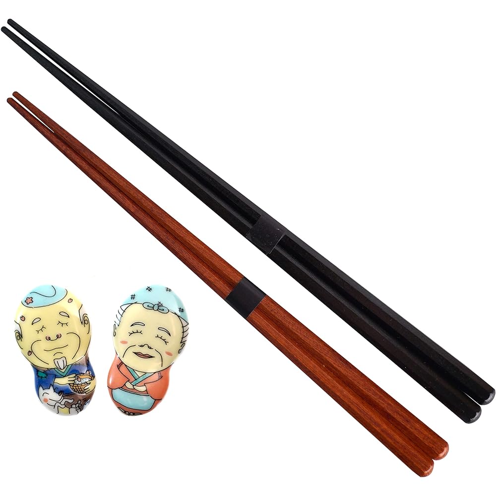 Tubbies Kutani Ware Chopstick Rests, Natural Lacquer, Octagonal Chopstick Set (Paulownia Box) - Japanese Folktale: The Old Man Who Blooms, Pair