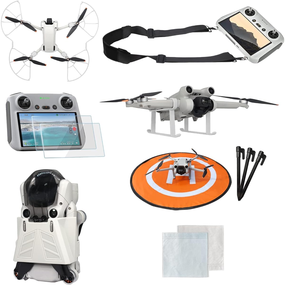 Mini 3 Pro Accessories Set, 7 in 1 Accessories Kit Propeller Holder Strap Propeller Guard HD Glass Protector Lanyard Neck Strap Landing Gear Landing Pad Dust Cloth for DJI Mini 3 Pro Accessories