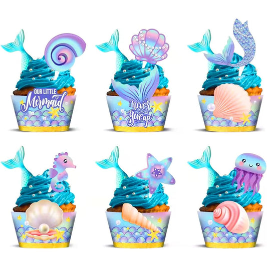 24 Pieces Mermaid Cupcake Toppers and Wrappers Mermaid Party Decorations Little Mermaid Theme Decorations Under the Sea Theme Baby Shower Birthday Party Favors